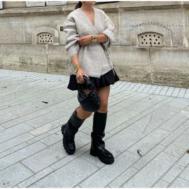 Damen eleganter Wickelstrickmantel mit Gürtel Drune
