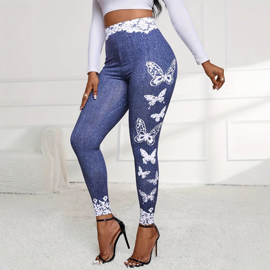 Damen Leggings mit floralem Spitzensaum und buntem Schmetterlingsdruck Drune