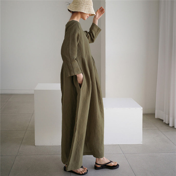 Damen Maxi-Kleid aus Leinen mit Teilnaht, sanften Faltenfall und Langarm Drune