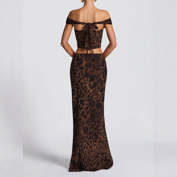 Damen Elegantes Maxikleid mit schulterfreiem Design und Leopardenmuster Drune