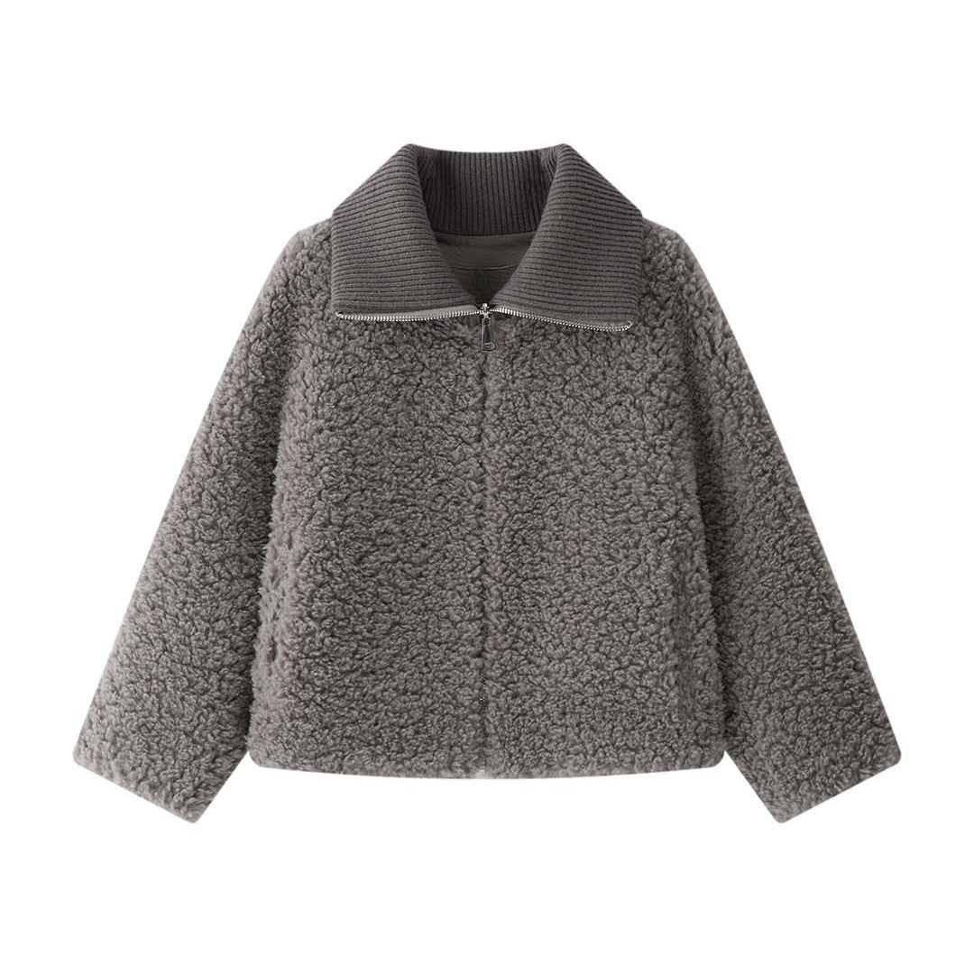 Damen Teddyjacke mit hohem Rippenkragen und halbhohem Reißverschluss Drune