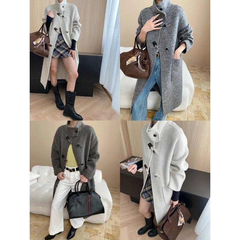 Damen eleganter Wollmantel mit asymmetrischem Kragen und vintage Knopfdetails Drune