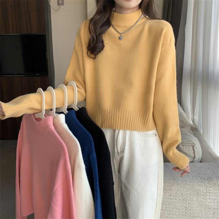 Damen bequemer und eleganter Crop-Pullover mit hochgeschlossenem Kragen Drune