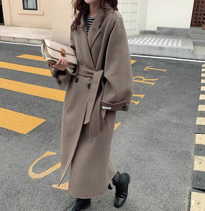 Damen Langer Wollmantel mit Bindegürtel, Oversize‑Silhouette und Ballonärmeln Drune