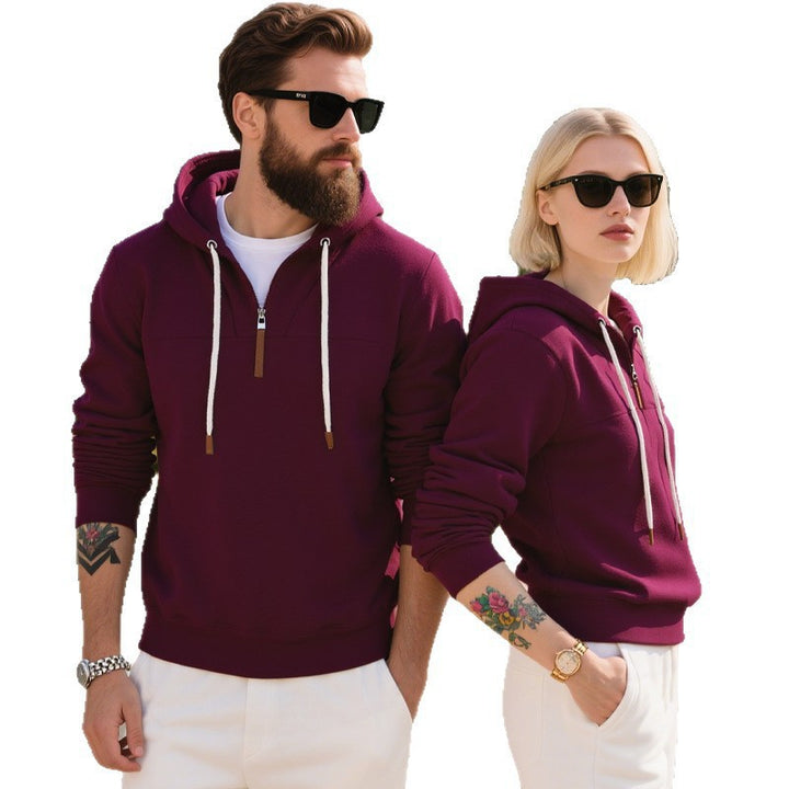 Herren nan minimalistischer Soft‑Fleece Halbzip‑Hoodie mit Lederzipper und Kordelzug Drune