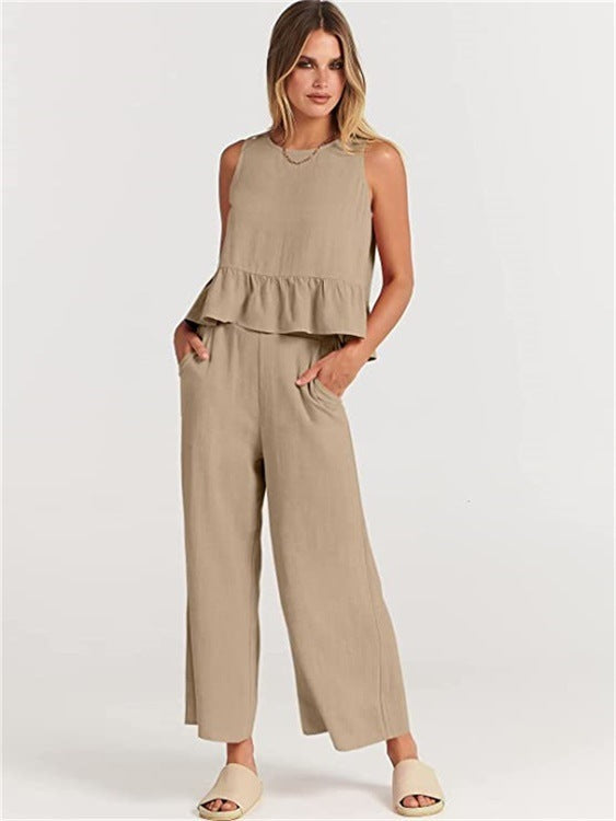 Damen Zweiteiler-Set mit schickem Peplum-Oberteil und weit geschnittenen Hosen Drune