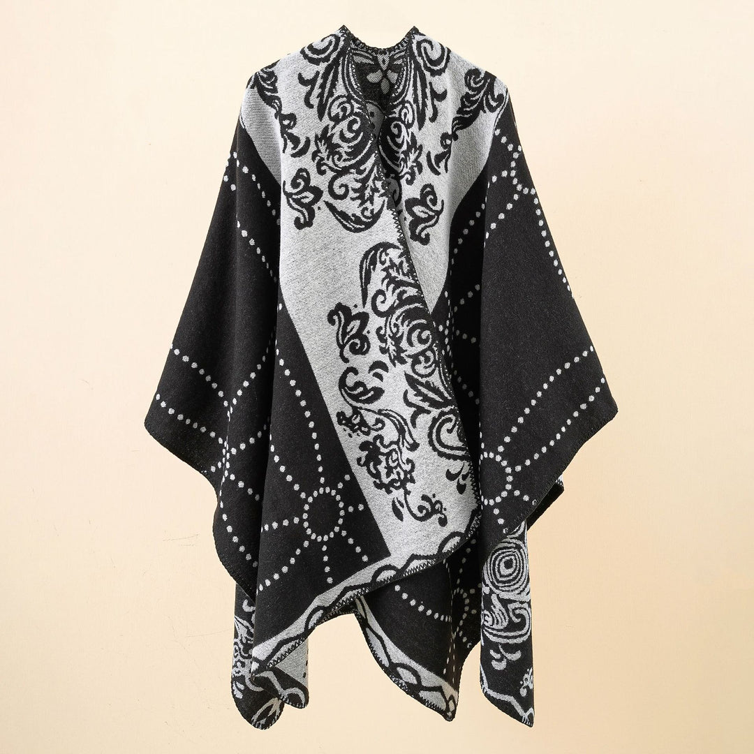 Damen Jacquard-Ruana im Umhangstil mit kontrastierender Kettelsaum Drune
