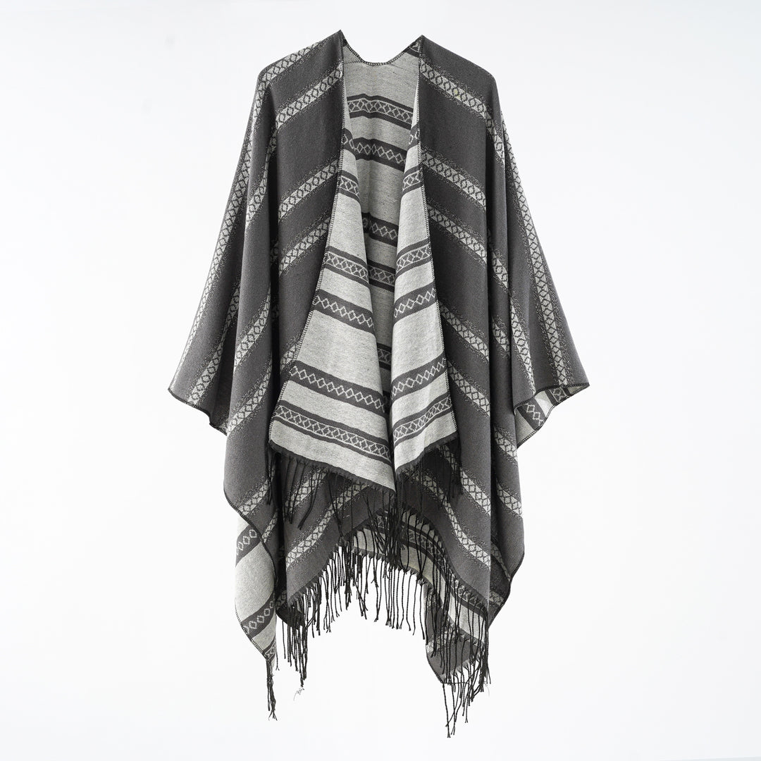 Damen Wollmix-Wickelponcho im Jacquardstreifen mit Fransen Drune
