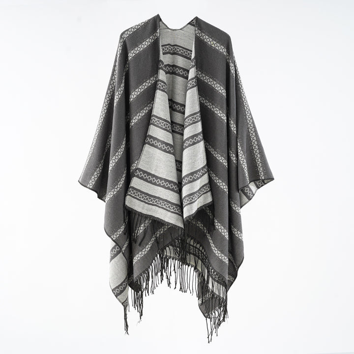 Damen Wollmix-Wickelponcho im Jacquardstreifen mit Fransen Drune