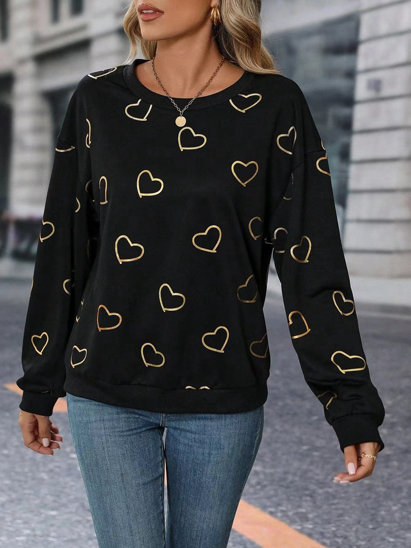 Damen nan lockeres Herzprint-Sweatshirt mit Rundhalsausschnitt und Rippbündchen Drune