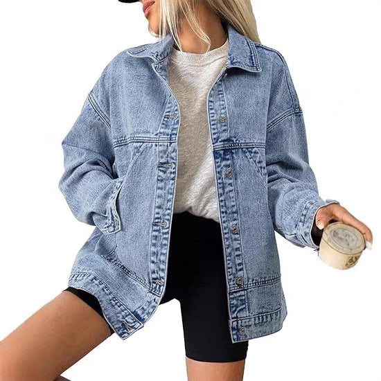 Damen Oversize Jeansjacke mit tiefer Passe, geradem Saum und Vintage‑Waschung Drune