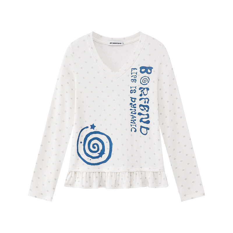 Damen Langarmshirt mit V-Ausschnitt, Rüschen-Saum und grafischem Spiralmotiv Drune