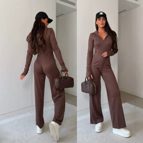 Damen Rippstrick Jumpsuit mit Kapuze und Front-Reißverschluss Drune