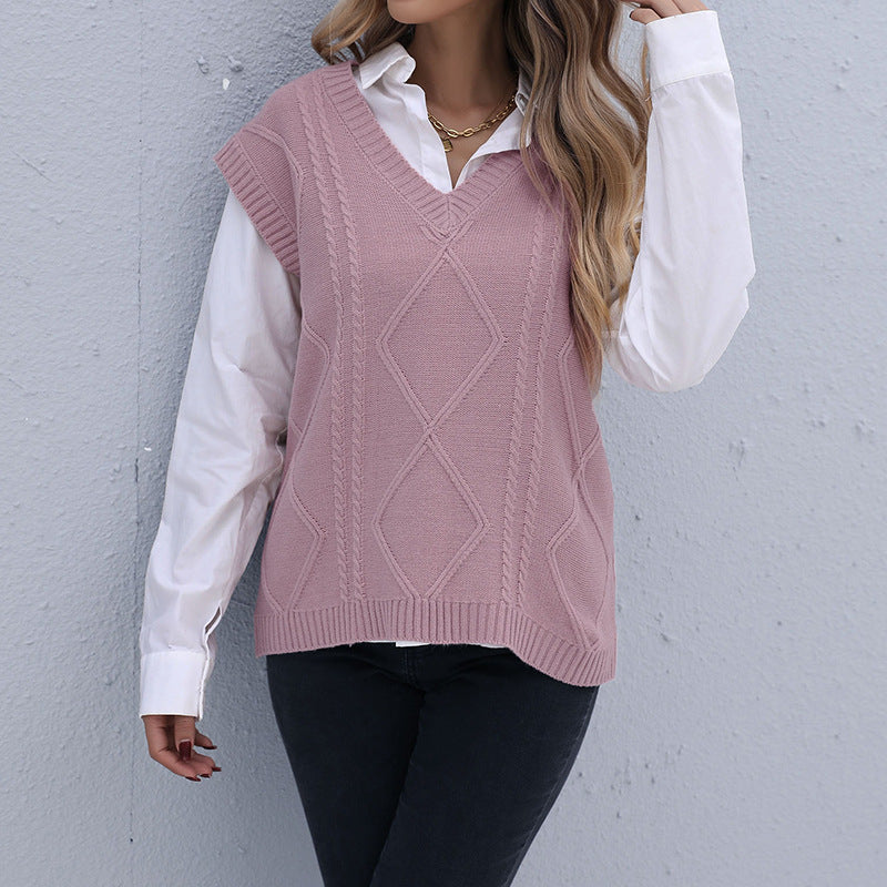 Damen Strickweste mit V-Ausschnitt und Rautenmuster Drune