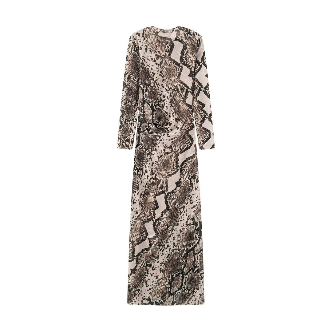 Damen Langes Bodycon-Maxikleid mit Rundhals und Schlangenprint Drune