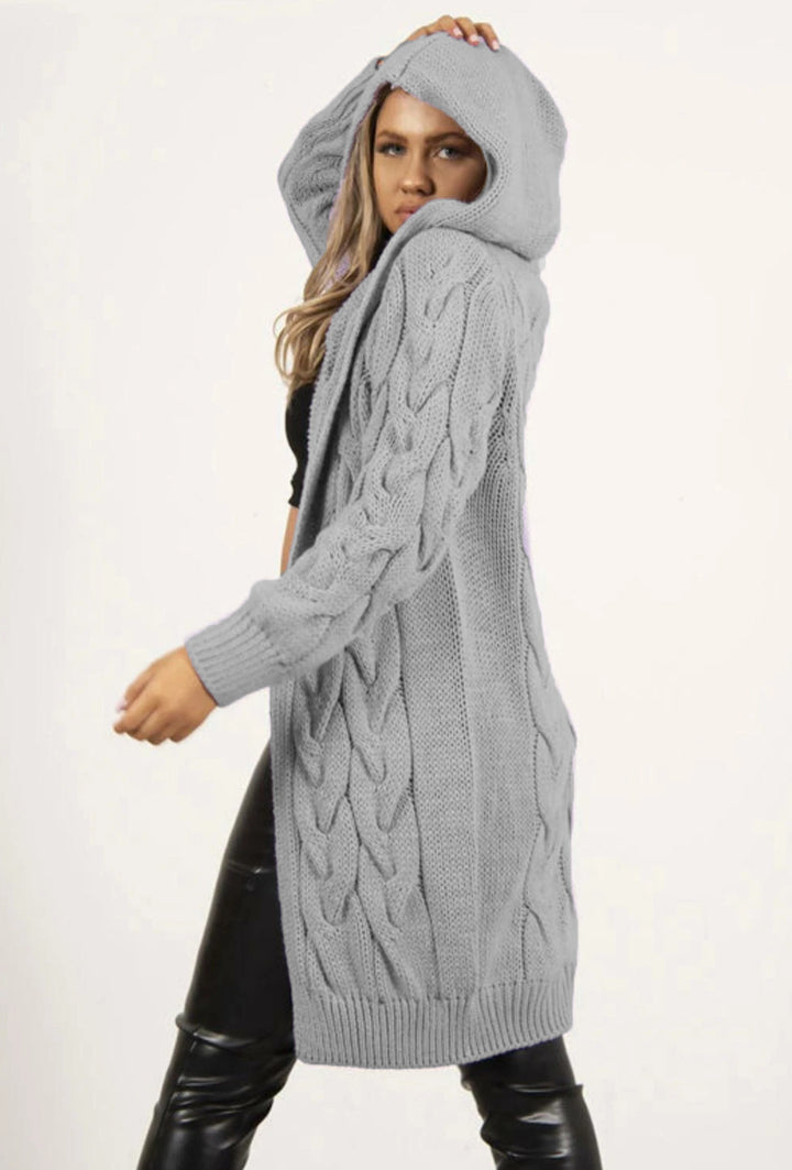 Damen Strickmantel mit Kapuze und Zopfdesign Drune