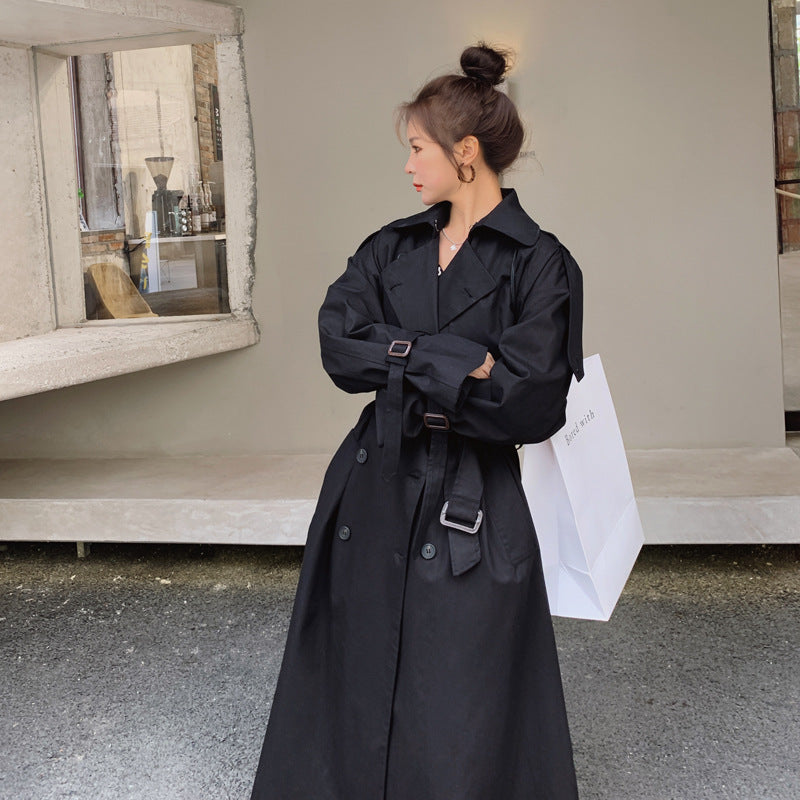 Damen Oversize-Trenchcoat mit Taillengürtel, doppelter Knopfleiste und Sturmklappe Drune