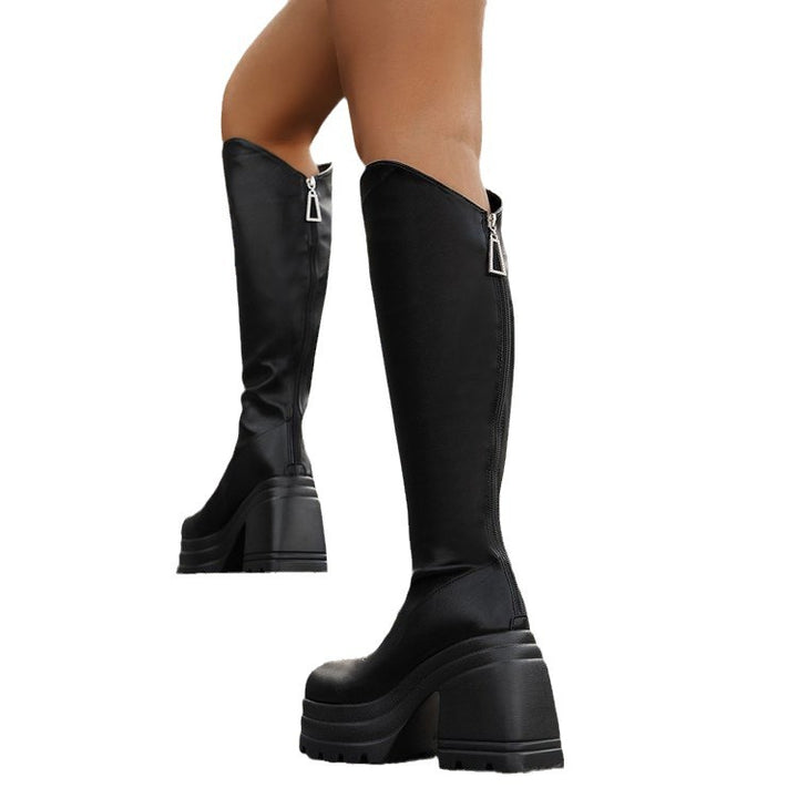 Damen  kniehohe Plateau-Stiefel mit grober Traktorsohle und elastischem Schaft Drune