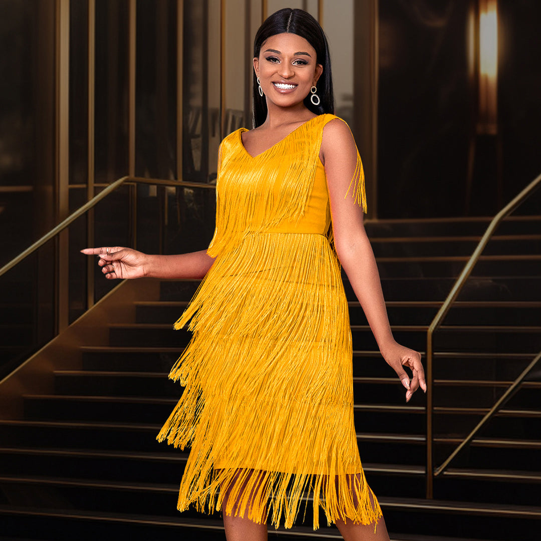 Damen Fransen Kleid mit elegantem V-Ausschnitt und schwingendem Saum Drune