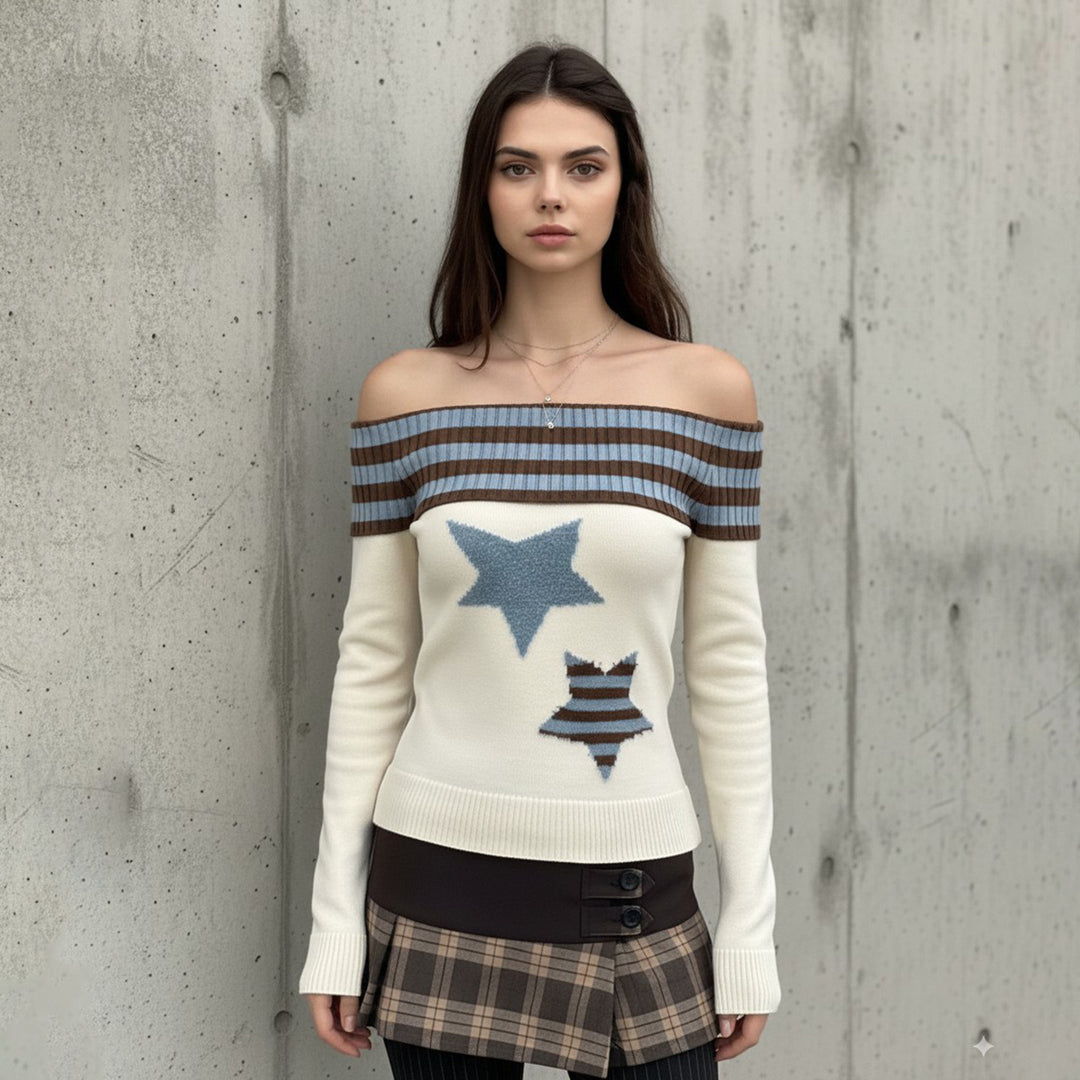 Damen Schulterfreier Feinstrick-Pullover mit Umschlagkragen und Stern-Applikation Drune