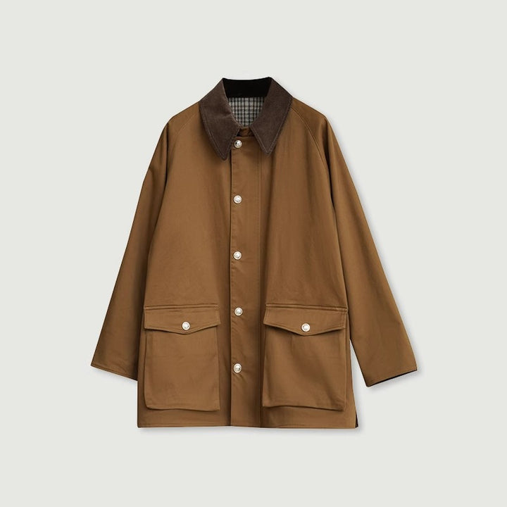 Herren kurzer Fieldcoat mit Cordkragen, Druckknopfleiste und aufgesetzten Taschen Drune