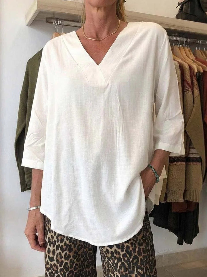 Damen Leichte Oversize V-Ausschnitt Tunika in Leinenoptik mit dreiviertel Ärmeln und abgerundetem Saum Drune