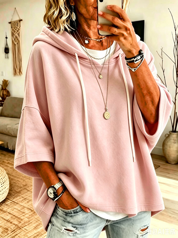 Damen Kurzarm-Oversize-Hoodie mit Kapuze und Kontrastkordel Drune
