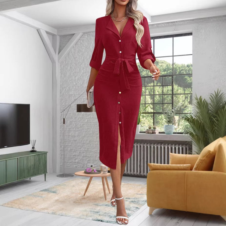 Damen Hemdblusenkleid mit Taillengürtel, Umschlagärmeln und vorderem Schlitz Drune