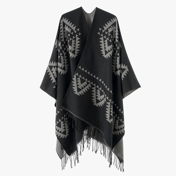 Damen Grobgewebter Jacquard-Umhang im Oversize mit Zipfelsaum und Fransensaum Drune