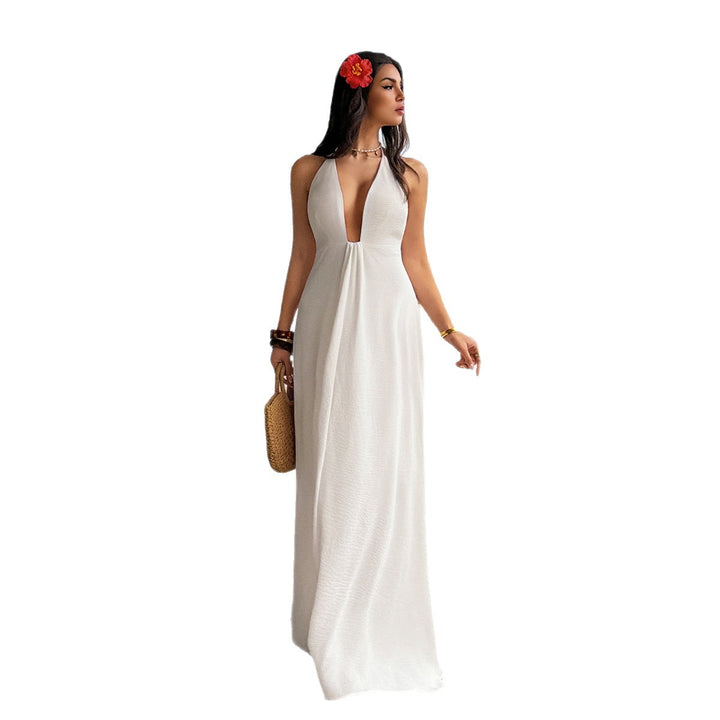 Damen Maxi-Urlaubs- und Strandkleid mit tiefem V-Ausschnitt und Rückenlöcher Drune