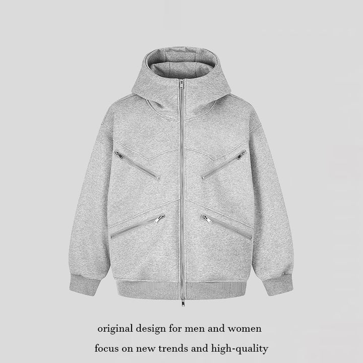 Damen Oversize-Kapuzensweatjacke mit hohem Stehkragen, vier diagonalen Reißverschlusstaschen Drune