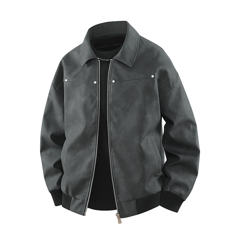 Herren Vintage-inspirierte Veloursleder-Optik Bomberjacke mit Hemdkragen & Rippbund Drune