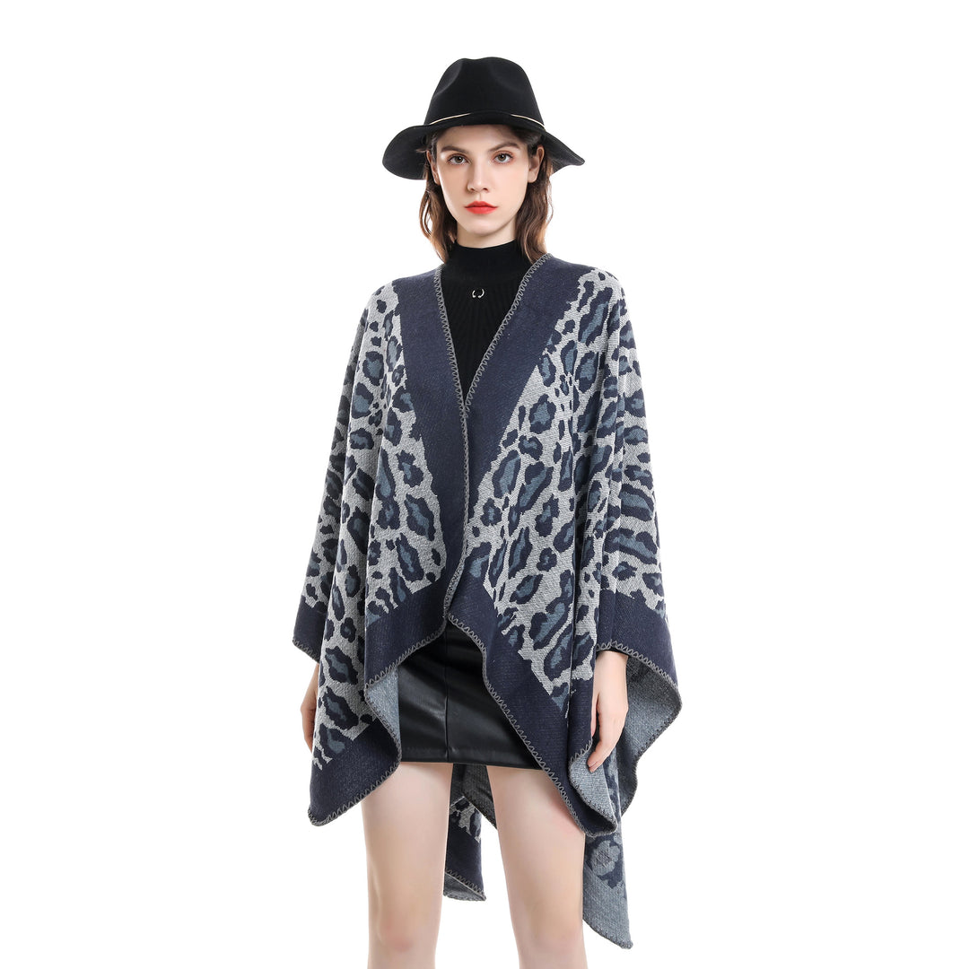 Damen Grobgewebter Jacquard‑Umhang mit Leo‑Print und offener Kimono‑Silhouette Drune