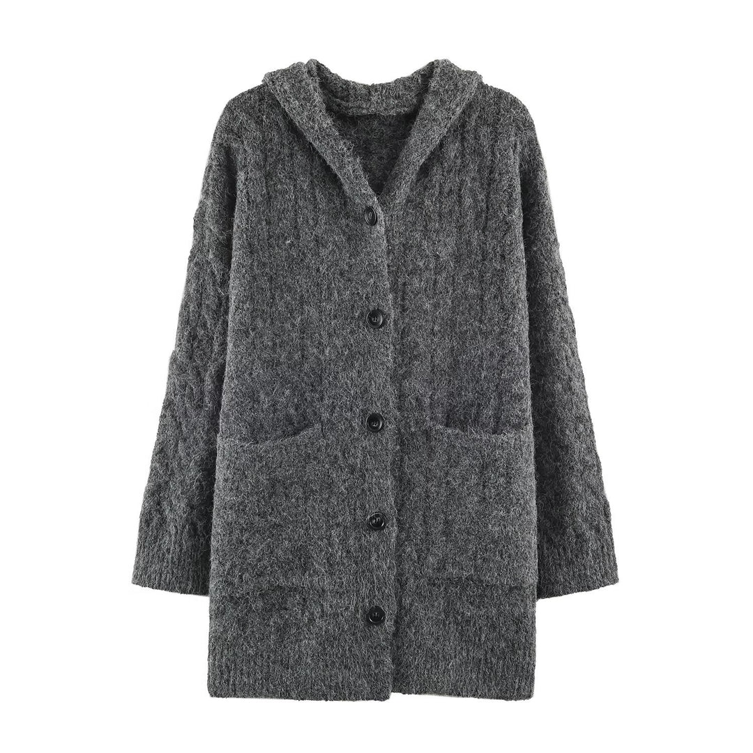 Damen Langgestrickter Kapuzen-Cardigan mit Zopfmuster und Knopfleiste Drune