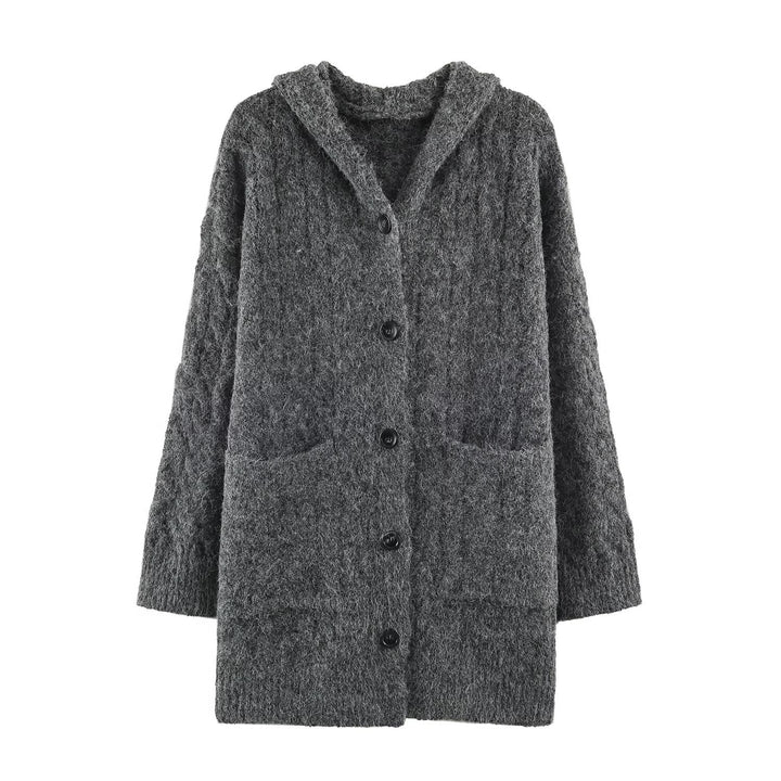 Damen Langgestrickter Kapuzen-Cardigan mit Zopfmuster und Knopfleiste Drune