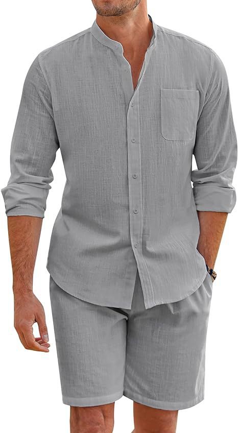 Herren nan Leinenoptik-Zweiteiler mit Stehkragen-Hemd, Brusttasche und legeren Shorts Drune
