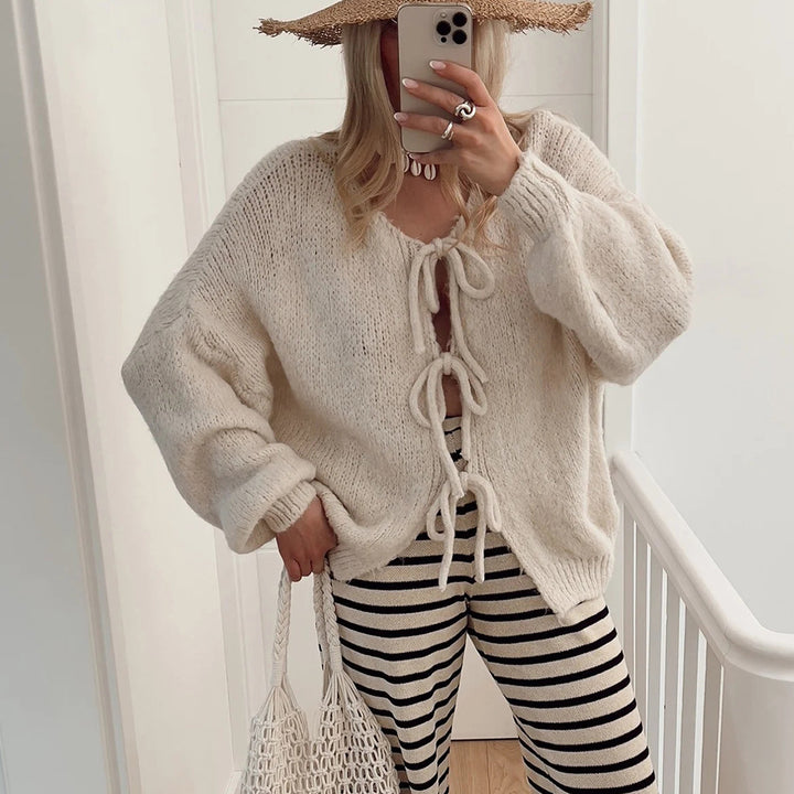 Damen Wadenlanger Strickcardigan mit Kordelzug Drune