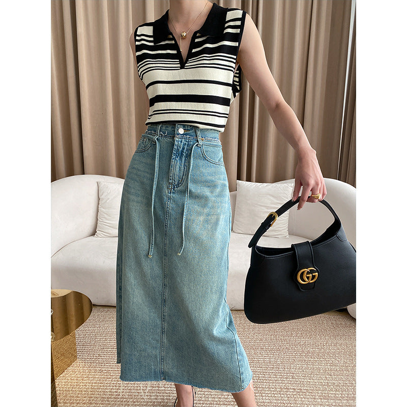 Damen Midi-Jeansrock mit verstellbarem Taillenband und seitlichen Eingrifftaschen Drune