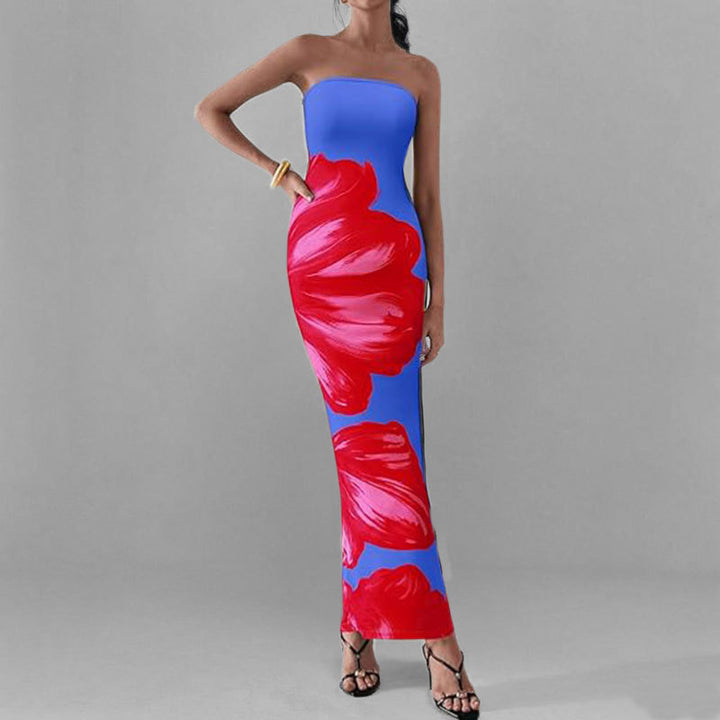 Anmutiges Blumenmuster Schulterfreies Figurbetontes Kleid Drune