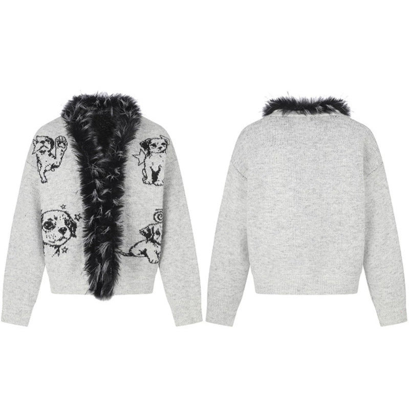 Damen Strickjacke mit Kunstfellkragen und illustrativem Hundemotiv Drune