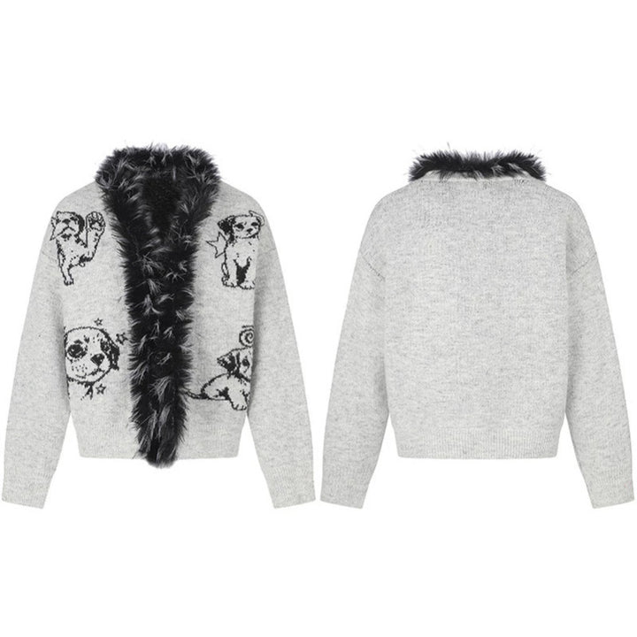 Damen Strickjacke mit Kunstfellkragen und illustrativem Hundemotiv Drune