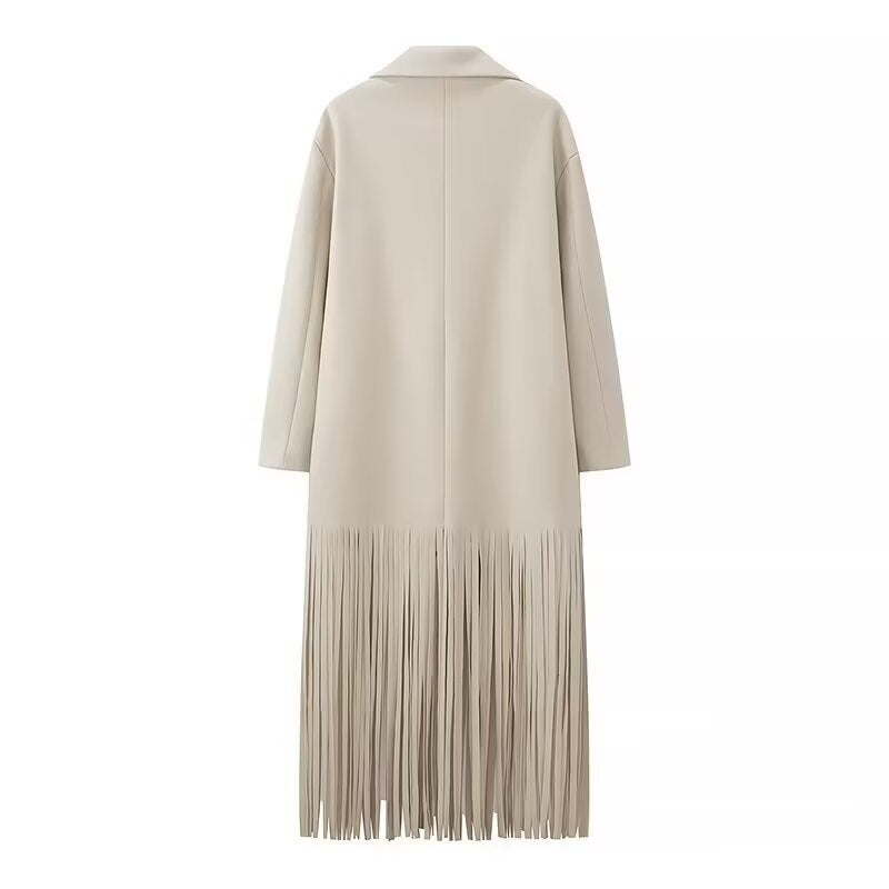 Damen Langmantel mit langem Fransen‑Saum, kastiger Oversize‑Silhouette und Reverskragen Drune