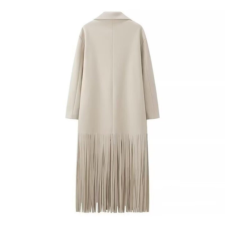 Damen Langmantel mit langem Fransen‑Saum, kastiger Oversize‑Silhouette und Reverskragen Drune