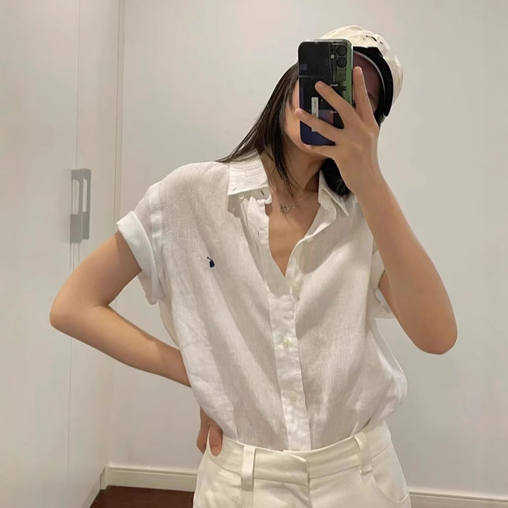 Damen Elegante Kurzarmbluse mit Knopfleiste Drune