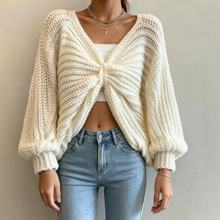 Damen Cropped Strickcardigan mit Knotendetail und Ballonärmeln Drune