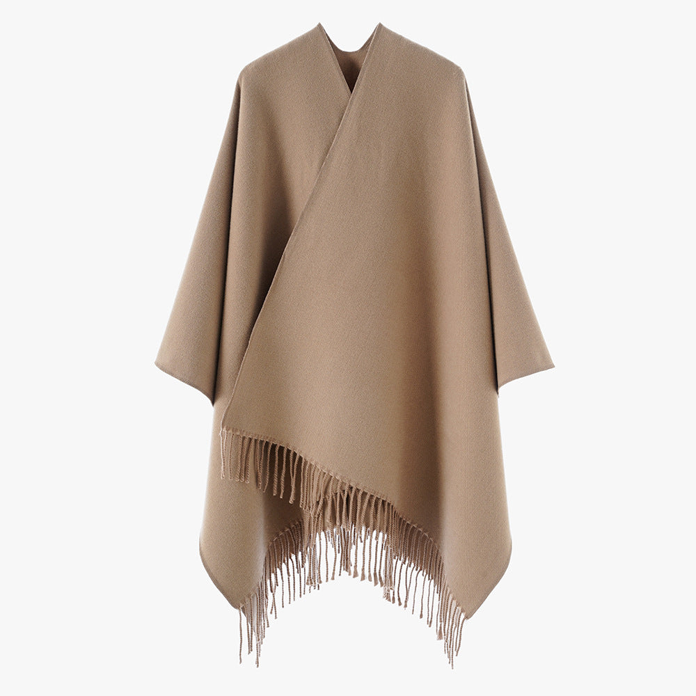 Damen Minimalistischer Wickel‑Capeponcho aus Wollmix mit V‑Ausschnitt und zartem Fransensaum Drune