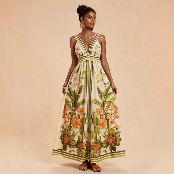 Damen Maxikleid mit tiefem V-Ausschnitt und floralem Design Drune