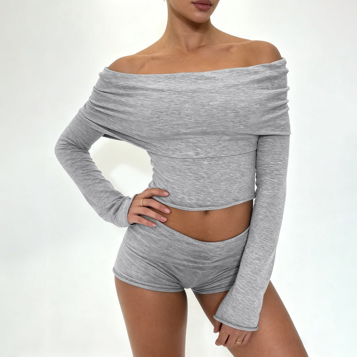 Damen nan Off-Shoulder Lounge-Set mit Langarm-Croptop und Highwaist-Shorts aus Stretchjersey Drune