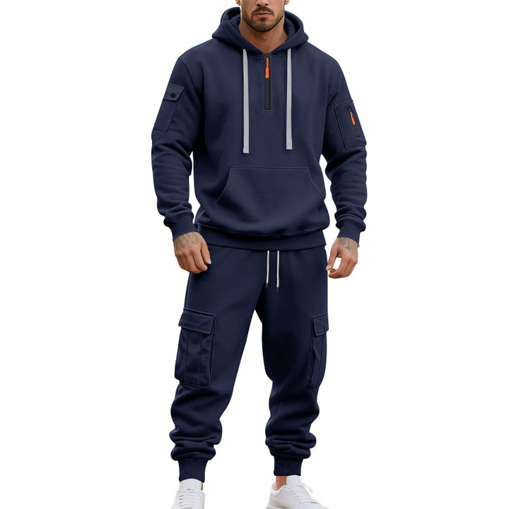 Herren nan zweiteiliges Utility-Freizeitset Hoodie mit halbhohem Reißverschluss, Ärmeltasche und Cargo-Jogginghose mit Klappentaschen Drune