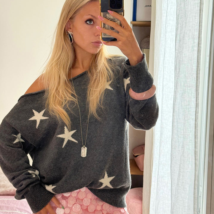 Damen Off-Shoulder Oversized Strickpullover mit Sternenmuster und geripptem Saum Drune